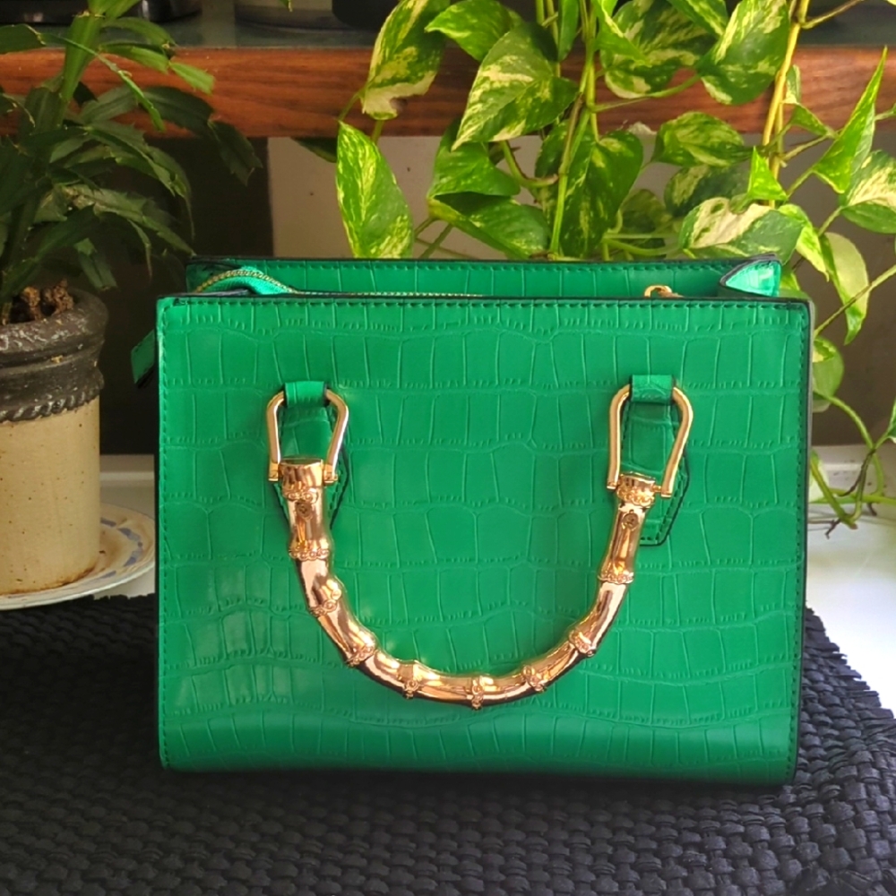 Aldo Emerald Crocodile-Embossed Satchel with Gold Accents